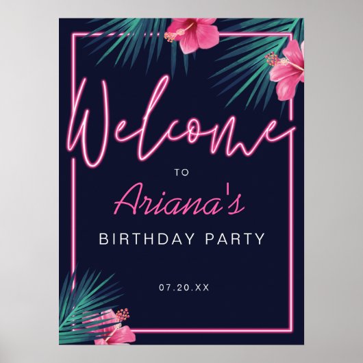 Elektrische Neon Pink Tropical Welkom Birthday Poster (Voorkant)
