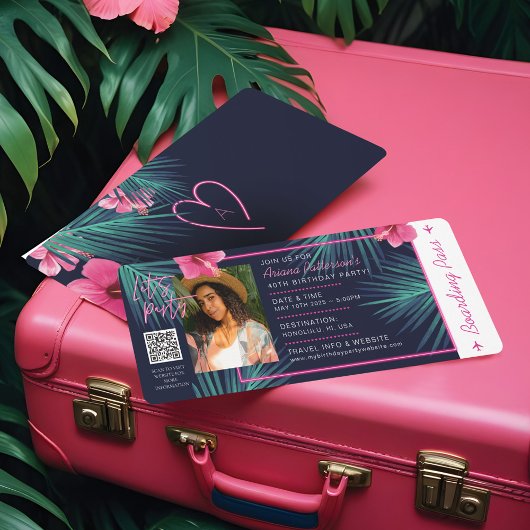 Elektrische neon roze tropische bestemming verjaar kaart