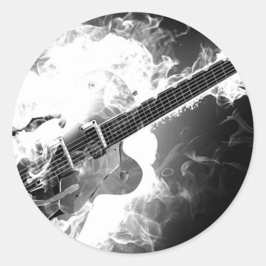 Elektrische Rockabilly Gitaar op Vuur Monochroom Ronde Sticker (Voorkant)