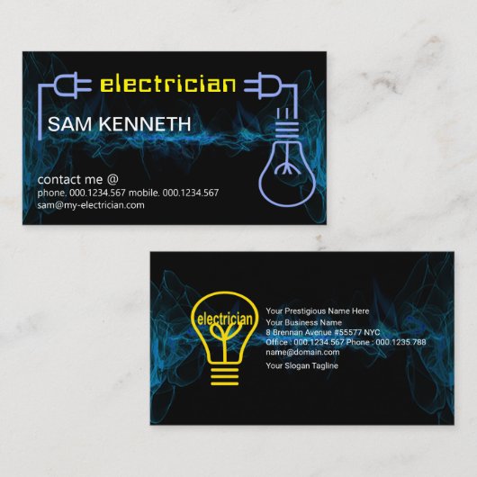 Elektrische stroomstekker met blauwe lamp visitekaartje (Voorkant / Achterkant)