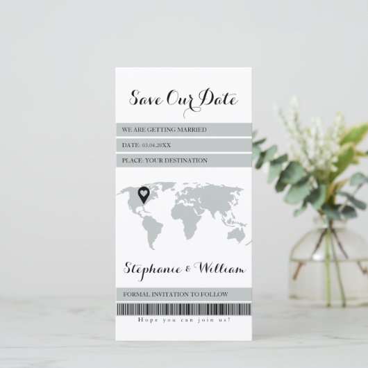 Elektronische Boarding Pass Bestemming Sage Groen Save The Date (Staand voorkant)