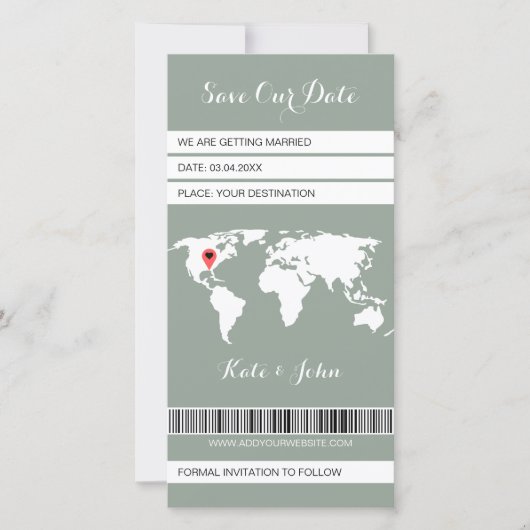 Elektronische Boarding Pass Bestemming Sage Groen Save The Date (Voorkant)