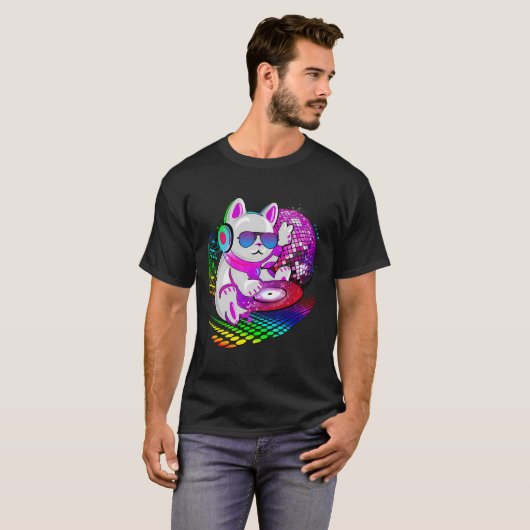 Elektronische Dans Muziek Cat DJ T-shirt (Voorkant volledig)