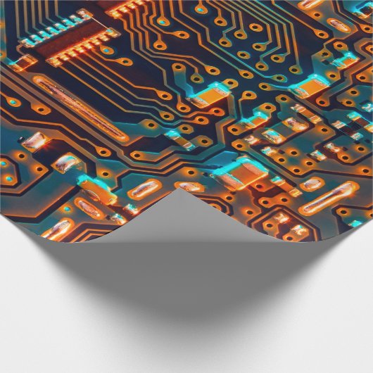 Elektronische printplaat dicht bij de achtergrond, cadeaupapier (Hoek)