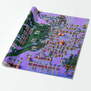 Elektronische printplaat dicht bij de achtergrond, cadeaupapier