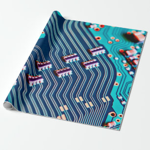 Elektronische printplaat dicht bij de achtergrond, cadeaupapier
