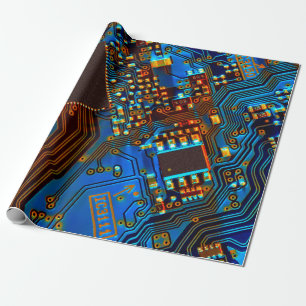 Elektronische printplaat dicht bij de achtergrond, cadeaupapier