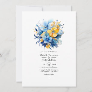 Elementair blauw en gouden bloemhuwelijk kaart