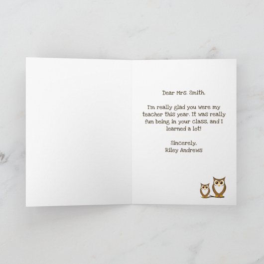 Elementaire leraar (van student) Owl Dank u Kaart (Binnen)