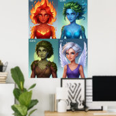 Elemental Fantasy Portretten Vuur Water Aarde Luch Poster (Thuiskantoor)