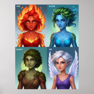 Elemental Fantasy Portretten Vuur Water Aarde Luch Poster