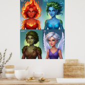 Elemental Fantasy Portretten Vuur Water Aarde Luch Poster (Keuken)