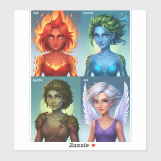 Elemental Fantasy Portretten Vuur Water Aarde Luch Sticker