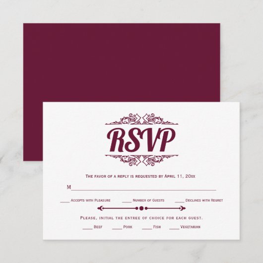 elementen bordeaux typografie RSVP-kaart RSVP Kaartje (Voorkant / Achterkant)