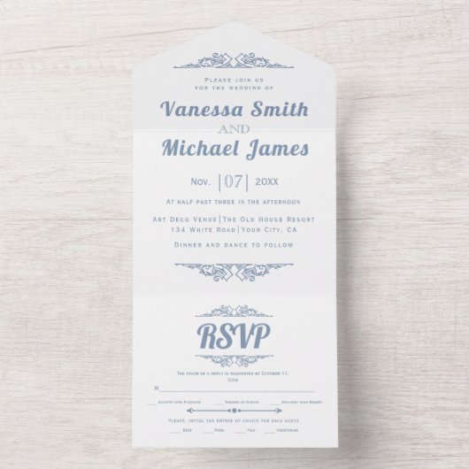  elementen stoffige blauwe typografie bruiloft all in one uitnodiging (Binnen)