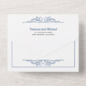  elementen stoffige blauwe typografie bruiloft all in one uitnodiging (Achterkant)