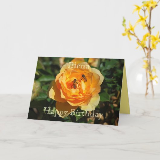 Elena Happy Birthday Yellow Rose With Honeybees Kaart (Gele Bloem)