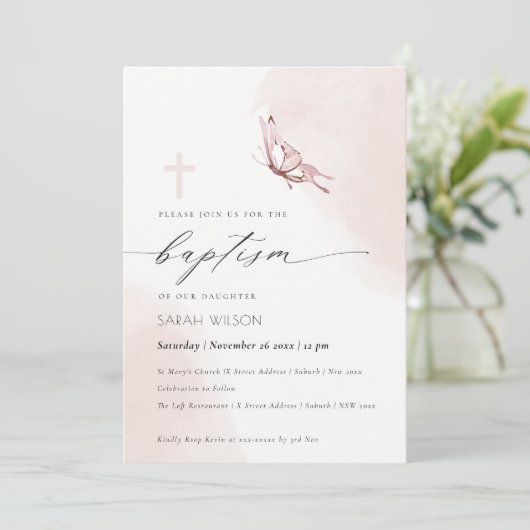 Elenant Blush Waterverf Vlinderdoop Kaart (Staand voorkant)