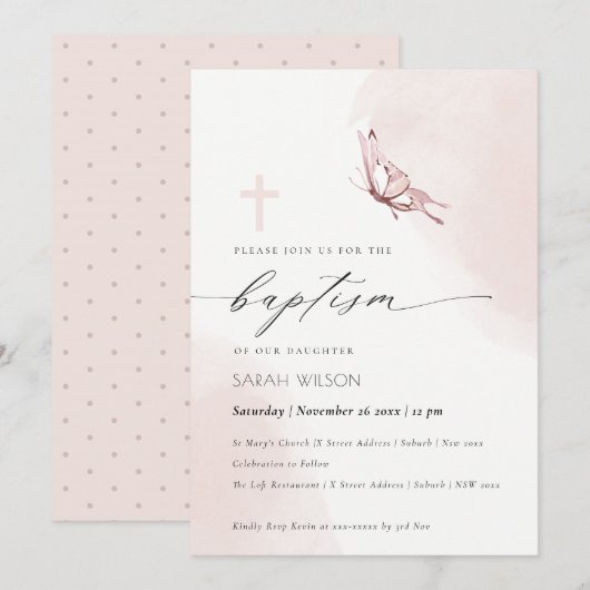 Elenant Blush Waterverf Vlinderdoop Kaart (Voorkant / Achterkant)