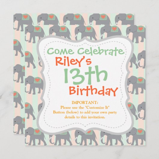  Elephans Coral Peach Mint Green Striped Kaart (Voorkant / Achterkant)