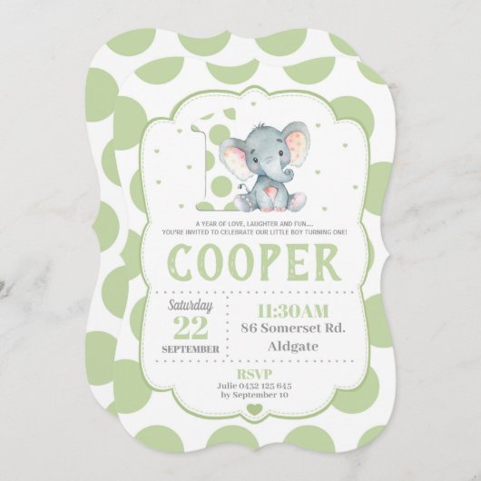 Elephant 1e verjaardag Uitnodiging Groene Polka Do (Voorkant / Achterkant)