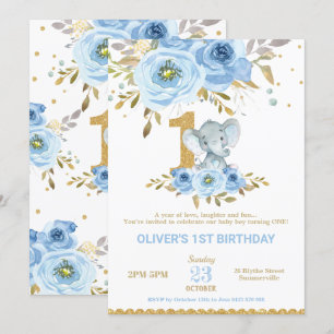 Elephant 1st Birthday Blue Floral Boy Kaart