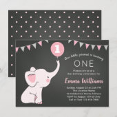 Elephant 1st Birthday Girl Invitation - Custom Age Kaart (Voorkant / Achterkant)
