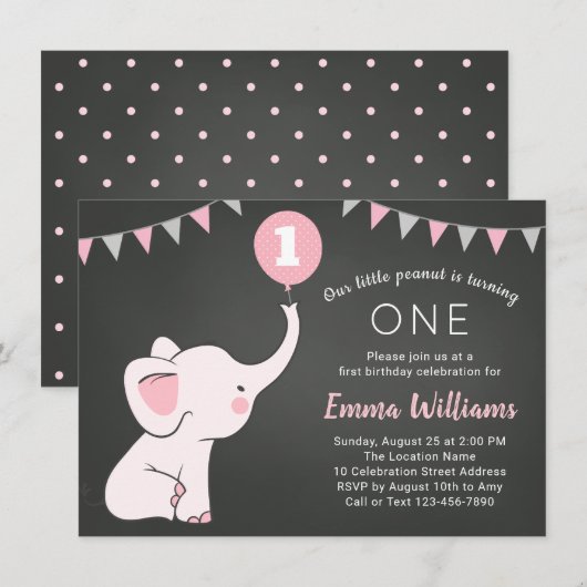 Elephant 1st Birthday Girl Invitation - Custom Age Kaart (Voorkant / Achterkant)