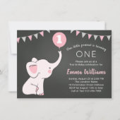 Elephant 1st Birthday Girl Invitation - Custom Age Kaart (Voorkant)