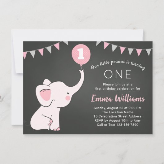 Elephant 1st Birthday Girl Invitation - Custom Age Kaart (Voorkant)