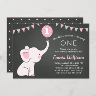 Elephant 1st Birthday Girl Invitation - Custom Age Kaart