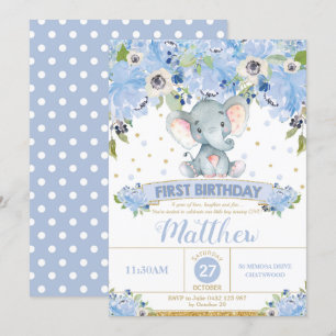 Elephant 1st Birthday Invitation Boy Blue Floral Kaart