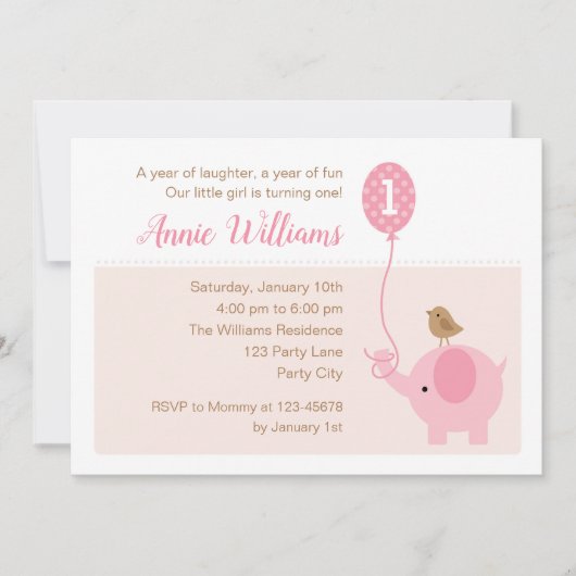 Elephant 1st Birthday Invitation (Meisjes) ballon Kaart (Voorkant)