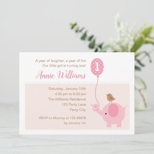 Elephant 1st Birthday Invitation (Meisjes) ballon Kaart (Staand voorkant)