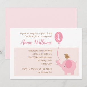 Elephant 1st Birthday Invitation (Meisjes) ballon Kaart