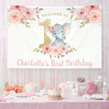 Elephant 1st Birthday One Pink Floral Backdrop