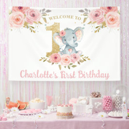 Elephant 1st Birthday One Pink Floral Backdrop Spandoek