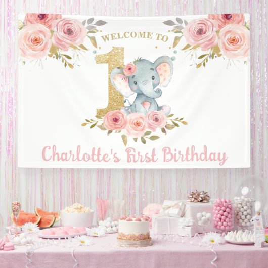 Elephant 1st Birthday One Pink Floral Backdrop Spandoek (Feest)