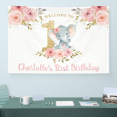 Elephant 1st Birthday One Pink Floral Backdrop Spandoek (Beurs)