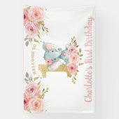 Elephant 1st Birthday One Pink Floral Backdrop Spandoek (Verticaal)