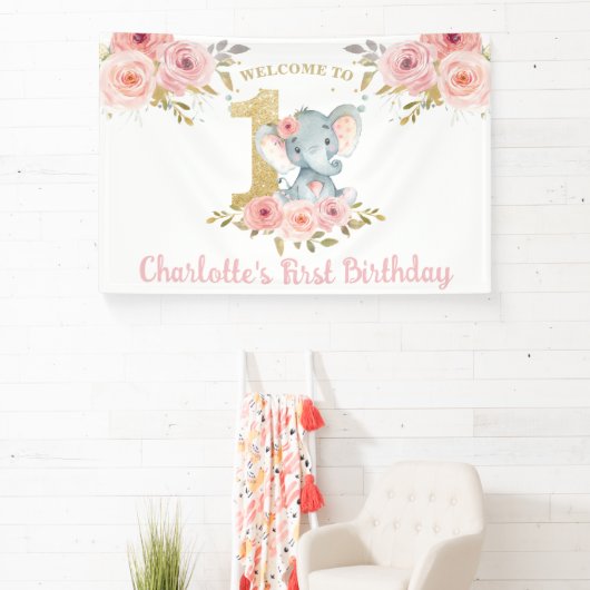 Elephant 1st Birthday One Pink Floral Backdrop Spandoek (Insitu)