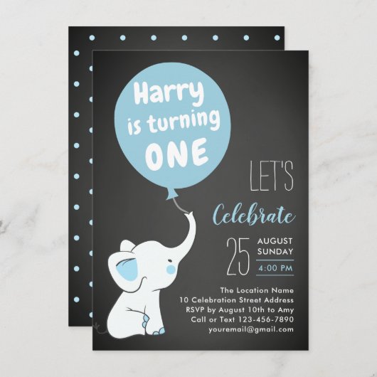 Elephant 1st Birthday Party Invitation for Boy Kaart (Voorkant / Achterkant)