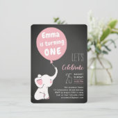 Elephant 1st Birthday Party Invitation for Girl Kaart (Staand voorkant)
