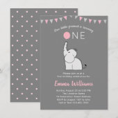 Elephant 1st Birthday Party Invitation - PINK GRAY Kaart (Voorkant / Achterkant)