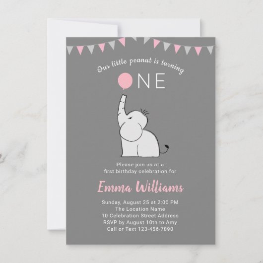 Elephant 1st Birthday Party Invitation - PINK GRAY Kaart (Voorkant)