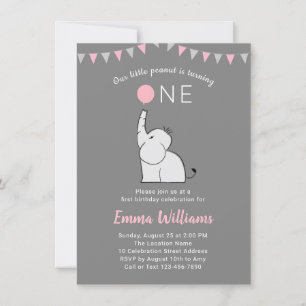 Elephant 1st Birthday Party Invitation - PINK GRAY Kaart