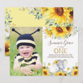 Elephant 1st Birthday Sunflower Gold Greenery Kaart (Voorkant / Achterkant)
