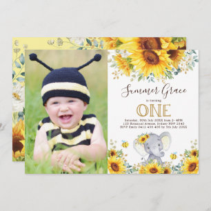 Elephant 1st Birthday Sunflower Gold Greenery Kaart