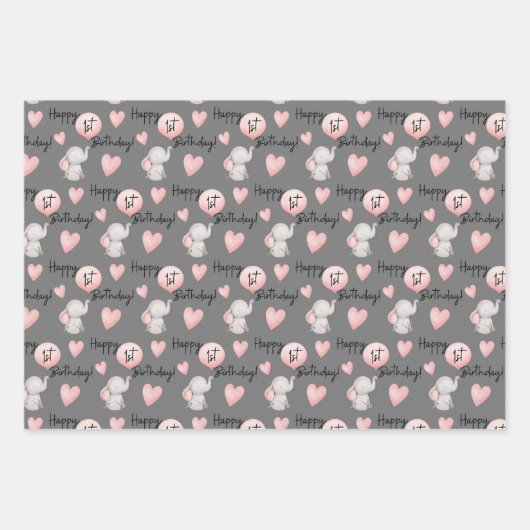Elephant 1st Birthday Wrapping Paper Sheets (Voorkant 2)