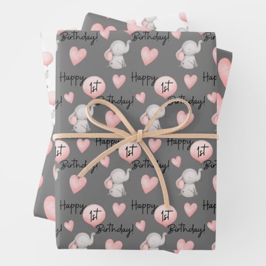 Elephant 1st Birthday Wrapping Paper Sheets (In situ)